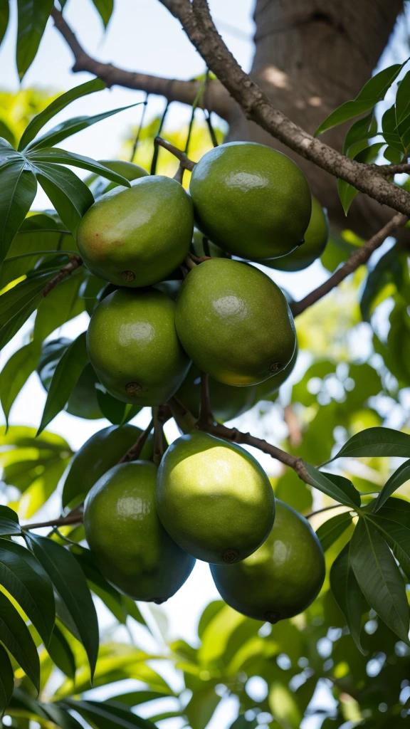 green mango hanging in the green tree, full tree view ultra realistic 8k