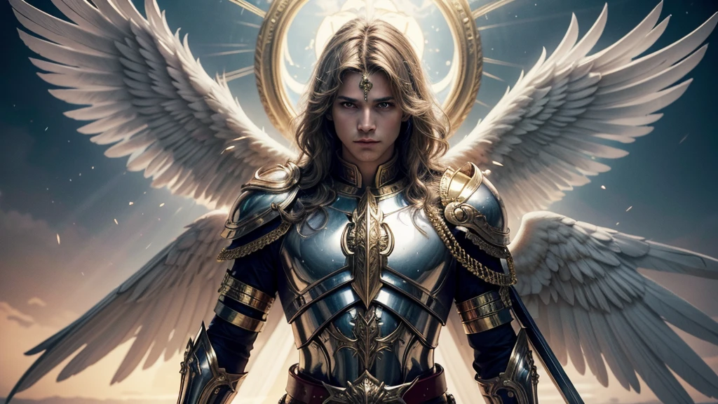 Archangel Michael man, carrying a sword and a shield, ultra-realistic, head-on portrait, gentle demeanor, adorned in gold and blue ornate armor, red cape billowing, majestic white wings unfurled, surrounded by ethereal paradise ambiance, bathed in natural, soft radiant light conveying strength, protection, victory, pastel color palette, low contrast, 4k resolution, cinematic lighting, steeped in surrealism,