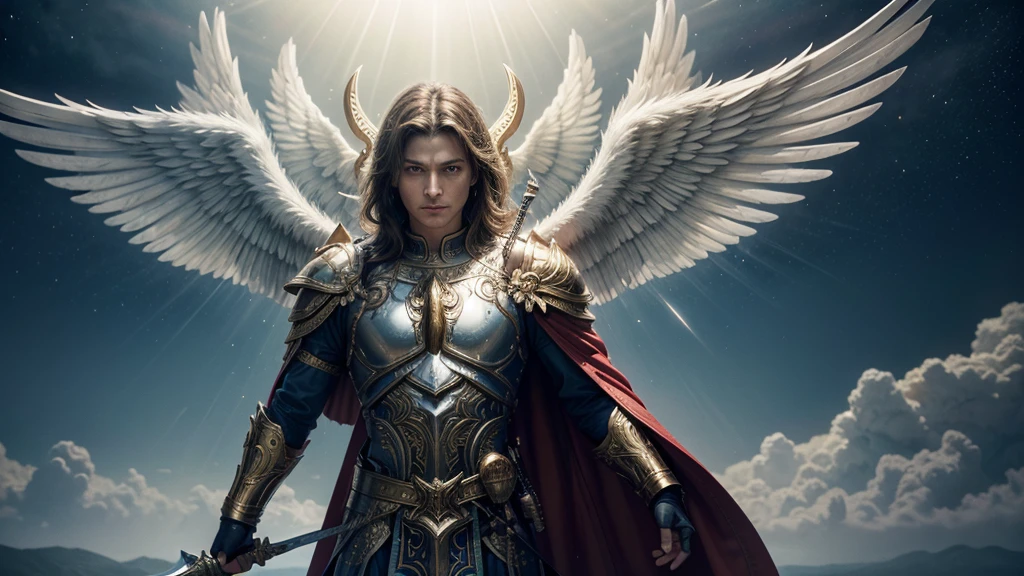 Archangel Michael man, carrying a sword and a shield, ultra-realistic, head-on portrait, gentle demeanor, adorned in gold and blue ornate armor, red cape billowing, majestic white wings unfurled, surrounded by ethereal paradise ambiance, bathed in natural, soft radiant light conveying strength, protection, victory, pastel color palette, low contrast, 4k resolution, cinematic lighting, steeped in surrealism,
