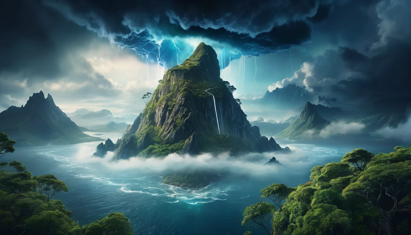 realistic cinematic dramatic view of a mysterious island with a surreal upside down mountain, stormy nebula sky, dramatic cloudy atmosphere, epic lighting, highly detailed, award winning, 8k, photorealistic, intricate details, dramatic colors, volumetric fog, cinematic composition, dramatic shadows and highlights, moody and mysterious atmosphere