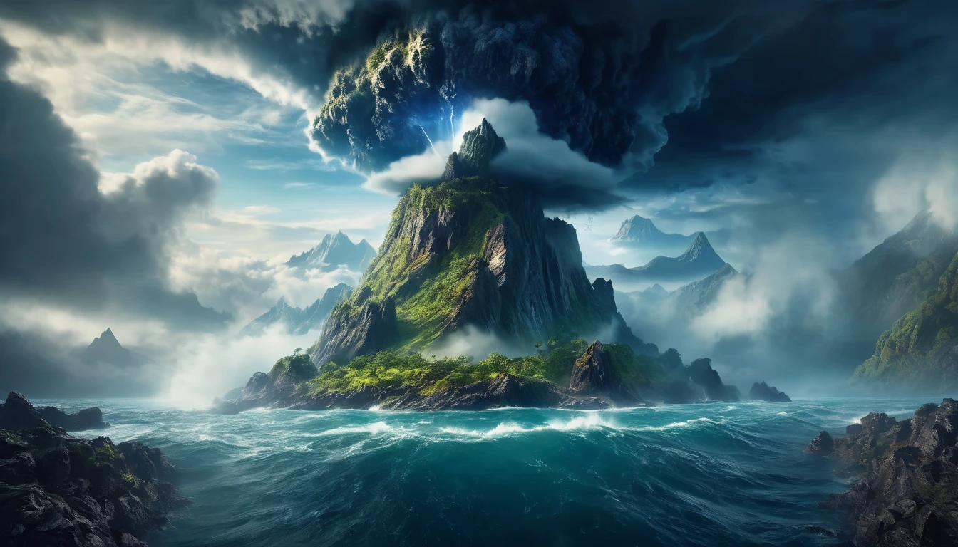 realistic cinematic dramatic view of a mysterious island with a surreal upside down mountain, stormy nebula sky, dramatic cloudy atmosphere, epic lighting, highly detailed, award winning, 8k, photorealistic, intricate details, dramatic colors, volumetric fog, cinematic composition, dramatic shadows and highlights, moody and mysterious atmosphere