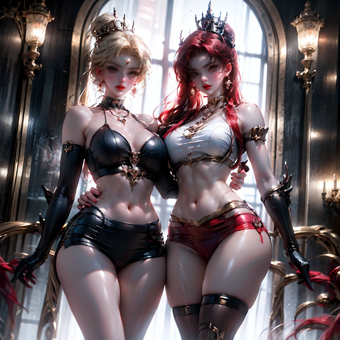 Ultra-clear,Super Resolution,Cute girl,Two girls close contact, 2 girls hugging,Two complete female bodies, Complete two female bodies, Female Love,Sexy, Off-shoulder, window, The rear window is backlit, (Rim Light), Deep understanding, lust, Very shy, ( Reflector lamp), Long legs and chest), Slim waist, Perfect body, Perfect hands, blond hair, purity, Jewelry, necklace, Earrings and Nipple Rings, crown, bookshelf, teapot, Magic Items,Mirror,snake,Tentacles,Cthulhu,Mucus,occultism,Low-light photography, Hip chuck, Glowing skin, Almost no clothes, 只穿Translucent clothing,Almost naked,Lopez, Pretty face, Sexual arousal, Sexual Expression, Hazy Beauty, Camel toe, Anatomically correct, 全身Female Love, Slender legs and waist,Big breasts and thin waist: 2,Sharp focus,The bones are straight,Correct body anatomy,Perfect anatomy,Bigger breasts,Big breasts are beautiful,Big Breasts,Especially huge,Sexual Positions,Translucent clothing,High slit,Sexy bulge,Thin legs,Thin ankles,Dramatic lighting,Vibrant details,Red Eyeshadow,make up,Full lips,Red lips, Super short hair: 2,chiffon,Tight waistband,chiffon手套,see through:2.0,blush,淡粉色Camel toe,Sex slave,Lewd,bursting massive breasts: 2, Sex addict,flush,Less clothing area