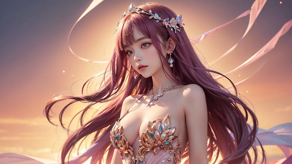 Highest quality,masterpiece,16K,One girl, bangs, Exposing shoulders, chest, flower, dress, From the side, gem,Colorful crystals,Crystal Headwear,There are many 結晶s on the clothes,Colorful gradient hair,カラフルなdress,Colorful crystals floating,Body crystals,Crystal Necklace,Colorful crystallization decoration,crystalline girl, jewelry, Long Hair, compensate, medium chest, Pink Hair, alone, Pale pink and pale orange background,