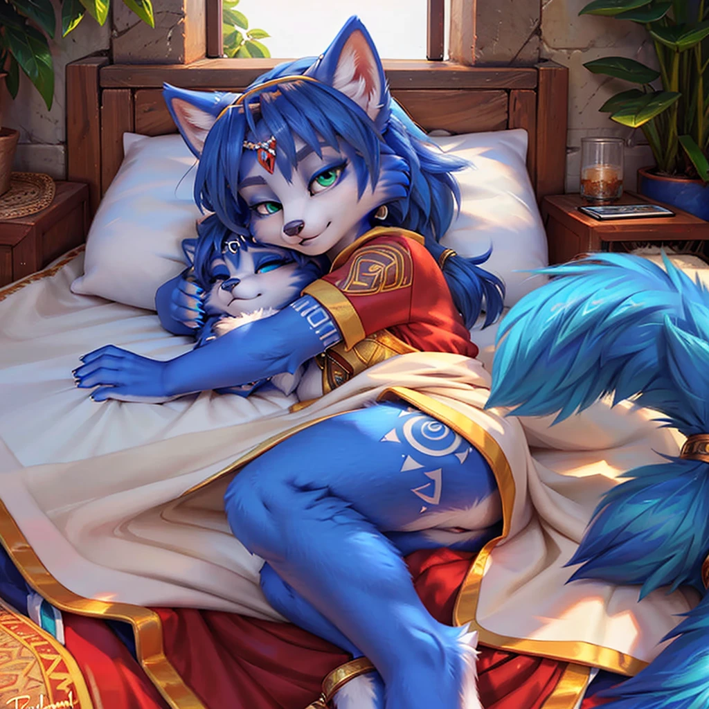 A beautiful and detailed (sweet picture) of ((Krystal)), Star Fox Krystal,  (green eyes), medium breasts, (((Long blue hair 1.3))),  anthro, furry, (of Fluff-Kevlar, Bayard Wu, Personalami, Pino Daeni),  detailed fluffy fur, detailed face, (fluffy), 1 girl, alone, lies on a blanket, (looks at the viewer), ((Viewer is above her:1.4)), sleeps curled up, (((cuddles with her tail.1.4)))