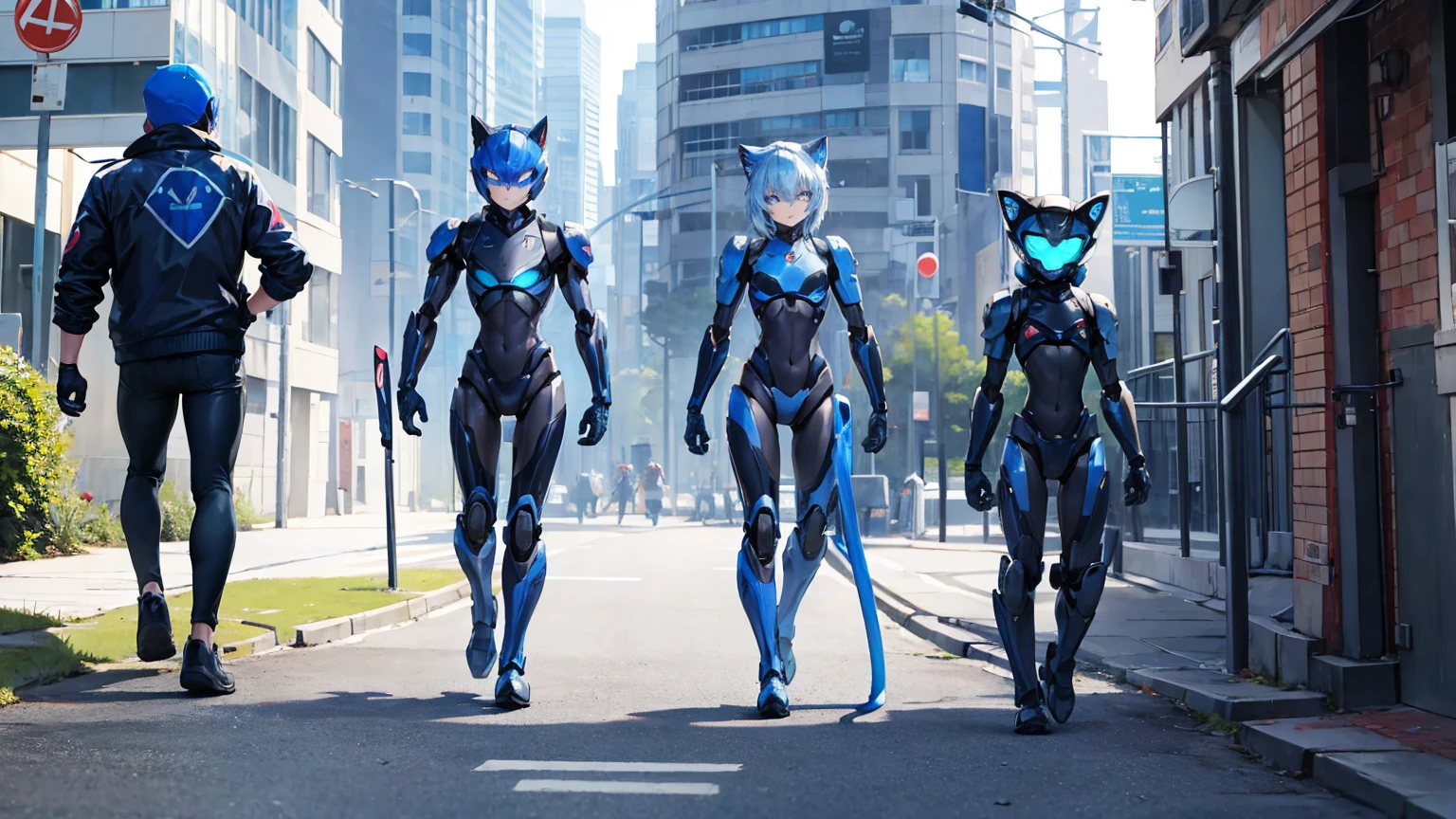 A blue cat robot is walking