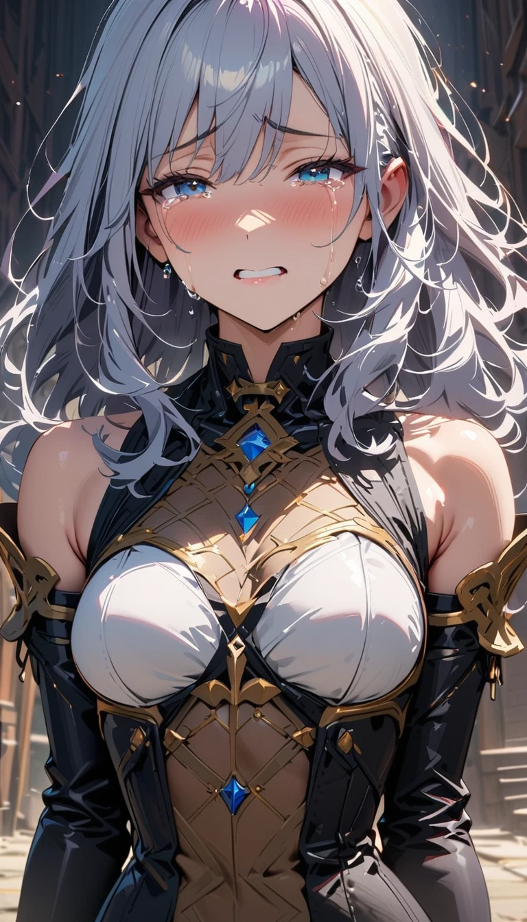 masterpiece, mountainous horizon　Upper body, black robe, (((((black bikini armor))))), nsfw,　, 1 boy,blonde　blue eye, ((((((hair over one eye,)))))), Braidスタイル, spike hair, dull bangs, bob hair, Braid, Ahoge, cute eyes　looking at the viewer　((from front)), close mouth, ((disdain)), (((abs))), ((looking up:1.3))), (face close up:1.3), (((no pupils))), simple eyes, restrained, Are standing, (fang), ((simple eyes)), (((((((breast grab))))))), arms up behind,