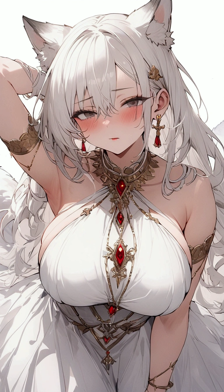 Highest quality,masterpiece,Very detailed,4K,White hair and shallow eyes,Dragging cool expressions,Wolf Year,Erect scar on left eye,British Style,One girl,Overwhelmingly beautiful, Large Breasts, White costume