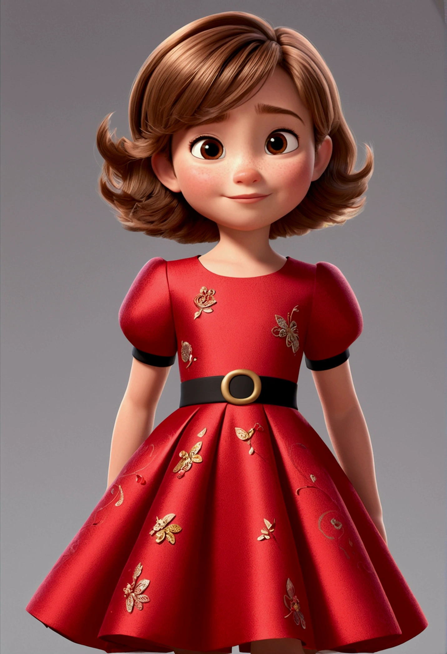   3 year asymmetric, disney pixar style, 3d, animated cartoon, fluffly, shiny colors, short light brown hair, skin fair, short sleeve red dress, Intricate details, glad