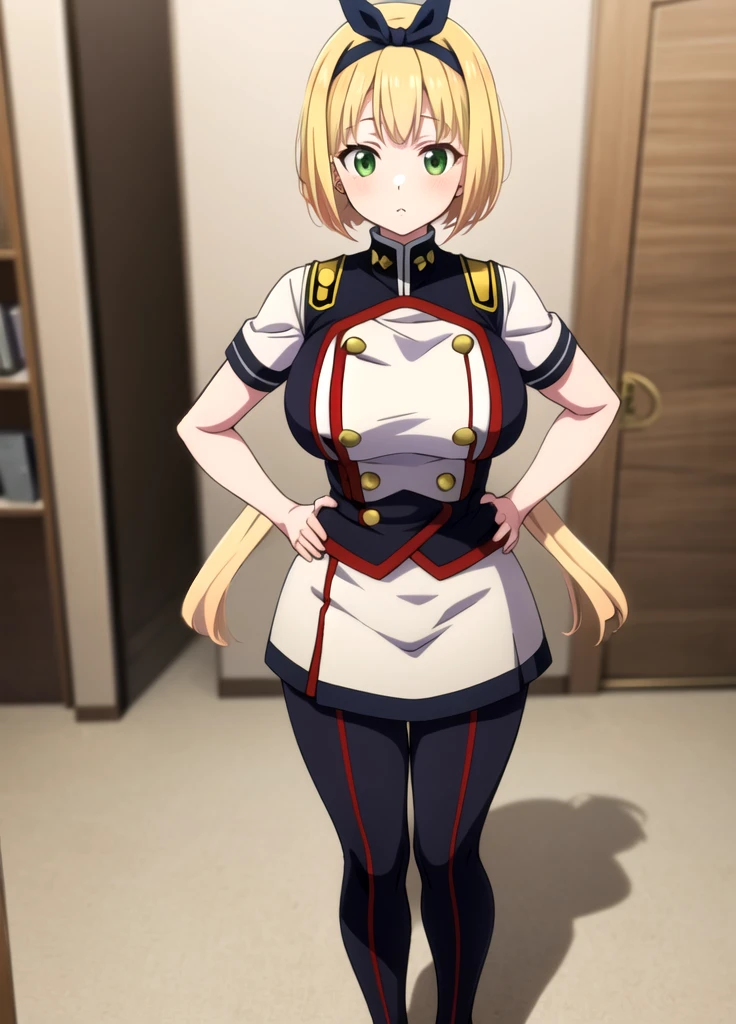 hands at sides, two hands down, hands down, masterpiece, best quality, upper body, uniform, without sleeves,Shushu Suruga, 1girl, yellow hair, green eyes, looking at viewer, short hair, large breasts, hairband, bangs, full body, standing