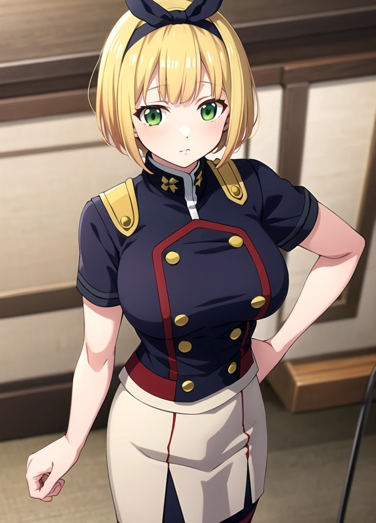 hands at sides, two hands down, hands down, masterpiece, best quality, upper body, uniform, without sleeves,Shushu Suruga, 1girl, yellow hair, green eyes, looking at viewer, short hair, large breasts, hairband, bangs, full body, standing