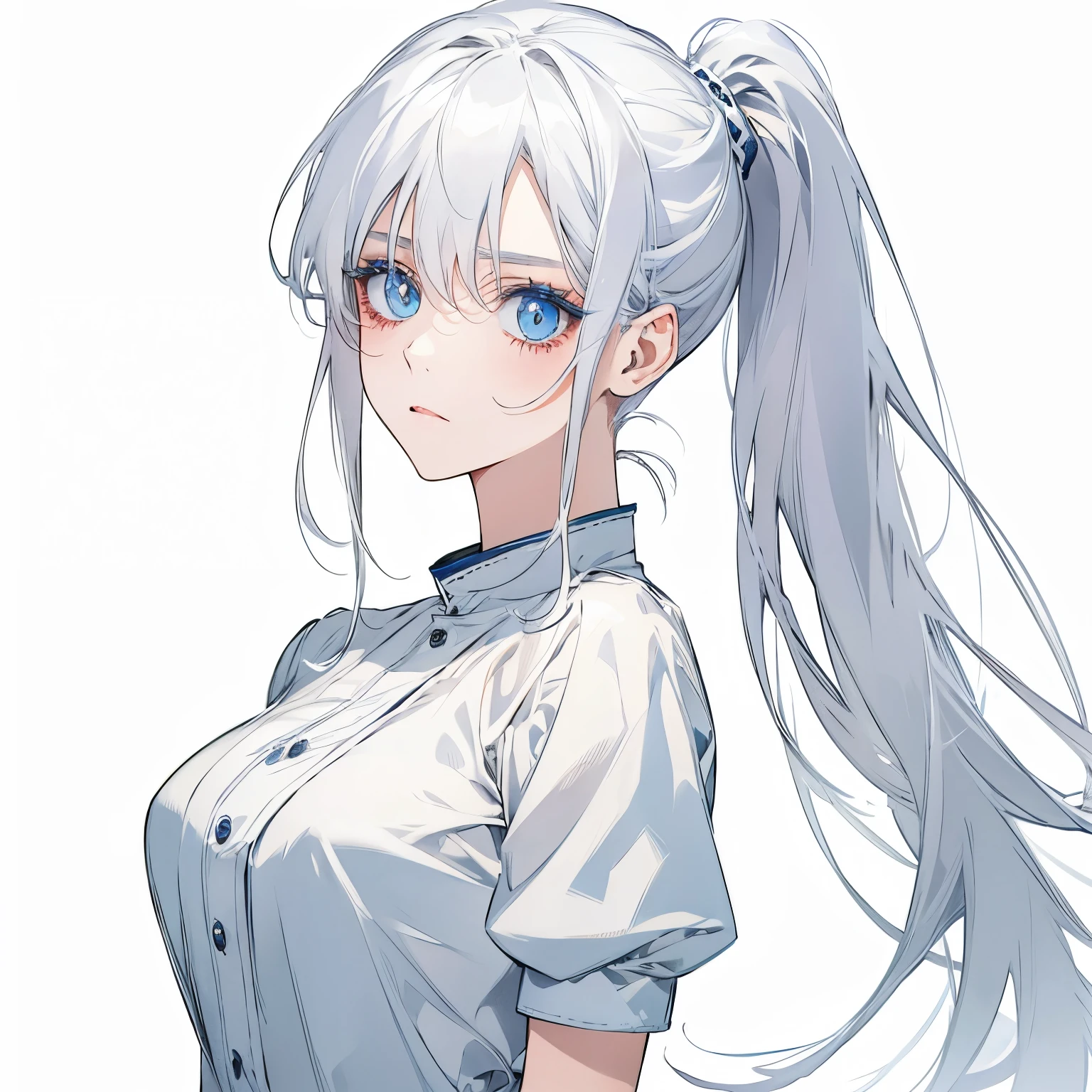 Highest quality、Highest quality、White ponytail、Light blue eyeelancholy、Woman in white、Cold Eyes