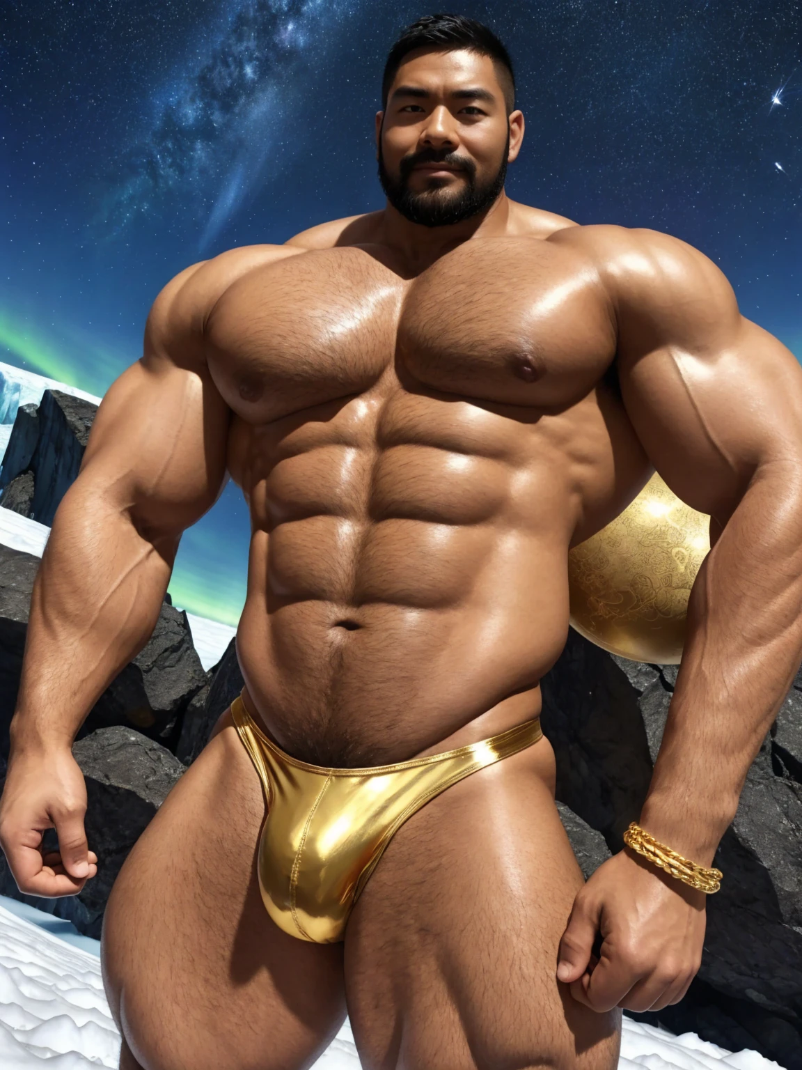 There is only one handsome Chinese man in the photo，35 years old，tall, Fitness，Smooth body，Smooth skin，No chest hair，short hair, O-Shaped Beard，Perfect body, Dark skin color，Radiant Skin，Smooth skin，Shiny, shiny skin，Smooth pectoral muscles，Muscle bulge, muscular, Very large pectoral muscles，Very sexy abdominal muscles，Very well-developed leg muscles，Huge concave and convex area，Brightens oily skin，Wearing a shiny gold leather thong，Handsome face，Normal human toes，Correct and accurate male body proportions，Gold Collar，Gold bracelet，Gold anklets，Stand on a glacier，Night sky，A sky full of stars，There are auroras，Colorful，Charming dream scene，Epic。
