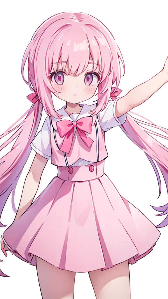 1girl,pink hair, pink eyes with love, detailed eyes,hair bow,sidelocks,twintails,ponytail,shiny hair,
,red bowtie,purple skirt,purple shirt,pleated skirt,short sleeves,looking at viewer, high-definition,masterpiece,best quality, masterpiece, best quality, high resolution, aabeta, double, white simple background, standing, slim waist, cute, sailor uniform, close up selfie (PastelColors: 1.3)