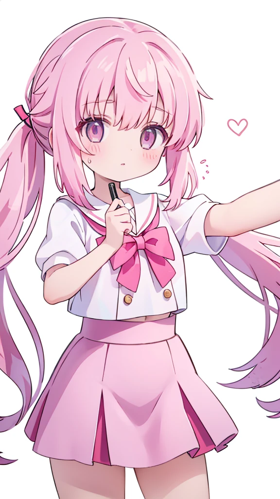 1girl,pink hair, pink eyes with love, detailed eyes,hair bow,sidelocks,twintails,ponytail,shiny hair,
,red bowtie,purple skirt,purple shirt,pleated skirt,short sleeves,looking at viewer, high-definition,masterpiece,best quality, masterpiece, best quality, high resolution, aabeta, double, white simple background, standing, slim waist, cute, sailor uniform, close up selfie (PastelColors: 1.3)
