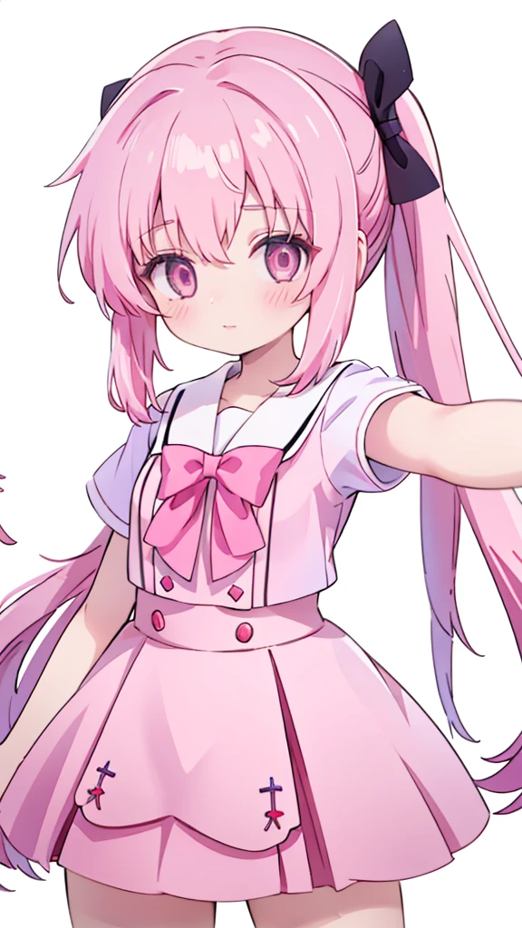 1girl,pink hair, pink eyes with love, detailed eyes,hair bow,sidelocks,twintails,ponytail,shiny hair,
,red bowtie,purple skirt,purple shirt,pleated skirt,short sleeves,looking at viewer, high-definition,masterpiece,best quality, masterpiece, best quality, high resolution, aabeta, double, white simple background, standing, slim waist, cute, sailor uniform, close up selfie (PastelColors: 1.3)