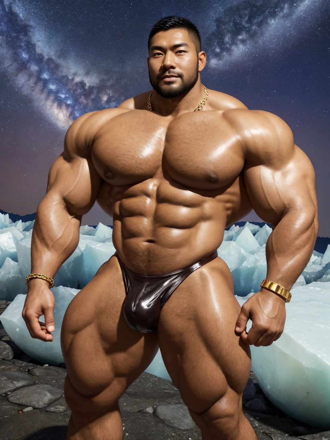There is only one handsome Chinese man in the photo,35 years old,tall, Fitness,Smooth body,Smooth skin,No chest hair,short hair, O-Shaped Beard,Perfect body, Dark skin color,Radiant Skin,Smooth skin,Shiny, shiny skin,Smooth pectoral muscles,Muscle bulge, muscular, Very large pectoral muscles,Very sexy abdominal muscles,Very well-developed leg muscles,Huge concave and convex area,Brightens oily skin,Wearing a shiny gold leather thong,Handsome face,Normal human toes,Correct and accurate male body proportions,Gold Collar,Gold bracelet,Gold anklets,Stand on a glacier,Night sky,A sky full of stars,There are auroras,Colorful,Charming dream scene,Epic。