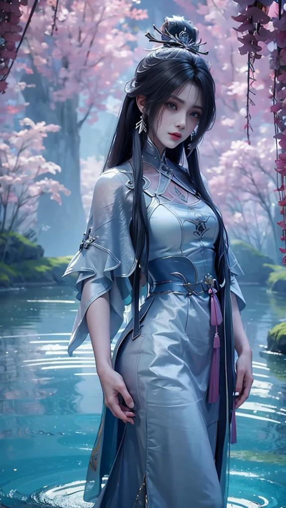 The painting depicts a woman in a uncovered part of her butt small blue dress standing in a pool of water, Beautiful character painting, ((Beautiful fantasy queen)), bovo art style, closeup fantasy with water magic, Artwork in the style of Guweiz, Inspired by Chen Yifei, Ethereal Beauty, Beautiful fantasy queen, Inspired by Zhang Yan, palace ， girl wearing translucently small hanfu