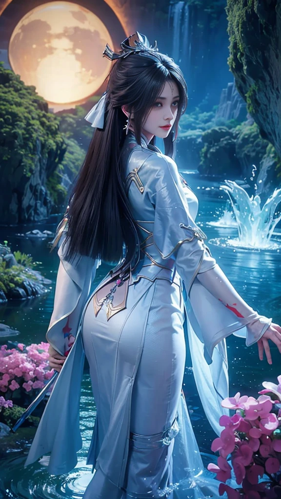 The painting depicts a woman in a uncovered part of her butt small blue dress standing in a pool of water, Beautiful character painting, ((Beautiful fantasy queen)), bovo art style, closeup fantasy with water magic, Artwork in the style of Guweiz, Inspired by Chen Yifei, Ethereal Beauty, Beautiful fantasy queen, Inspired by Zhang Yan, palace ， girl wearing translucently small hanfu