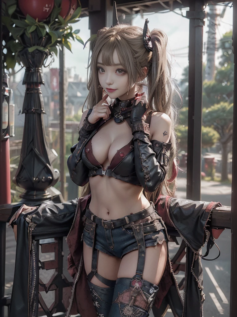 (Full body:1.4)、(Full Body View:1.4)、(Side view:1.1)、(Smiling with teeth showing:1.3),(Shibuya Gal:1.5)、(Beautiful:1.5)、(Punk RockVisual Kei:1.4)、(Burgundy denim with khaki and brown medieval tattered zip up:1.5)、(Wine red arm covers and tattered bugle pants:1.5)、(Wine red high heels:1.3)、(Wearing silver accessories:1.5)、(Dark brown collar:1.4)、(Leather garter belt:1.4)、(Red skin belt:1.3)、(Red lace underwear:1.5)、30 years old、NSFW、((Highest quality、In 8K、masterpiece:1.3))、Sharp focus:1.2、(Layered Cut、Huge boobs:1.1),Beautiful woman with perfect figure:1.4、(Doing an aerobics pose:1.3)、Slender Abs:1.2、Highly detailed face and skin texture、Detailed eyes、double eyelid,(Twin tails:1.3)、(Brown-golden hair:1.3)、Gravure idol、(A fairytale-like cafe with a lush tree background:1.3)、(Slim Body:1.3),(Make your legs thinner:1.4),(Thin, thin thighs:1.3)、(clavicle:1.1)