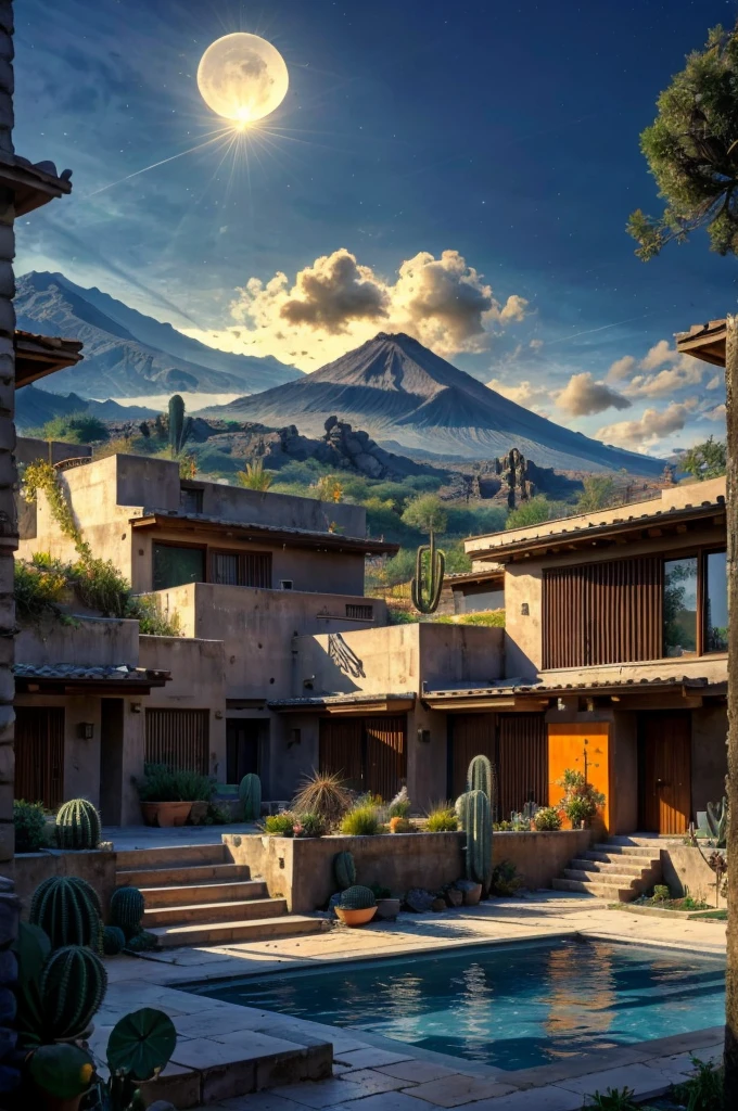 Multiple houses, brutalism style, Luis Barragán, Mountains in background, river, pool, terraces, stairs, garden terraces, trees, beautiful clouds, moon, sun, detailed, cacti, boulders, volcanic rocks, fuggy, Violet, orange, olive green, blue, magenta, amazing volcano in horizont, beautiful garden design