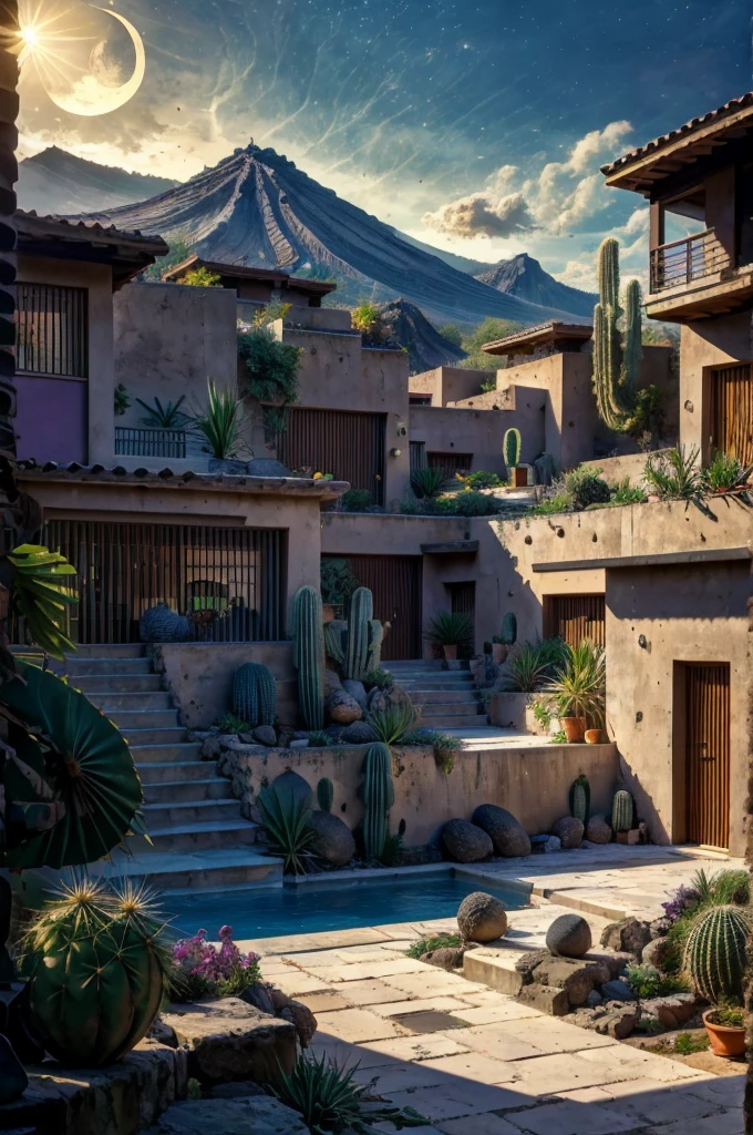 Multiple houses, brutalism style, Luis Barragán, Mountains in background, river, pool, terraces, stairs, garden terraces, trees, beautiful clouds, moon, sun, detailed, cacti, boulders, volcanic rocks, fuggy, Violet, orange, olive green, blue, magenta, amazing volcano in horizont, beautiful garden design