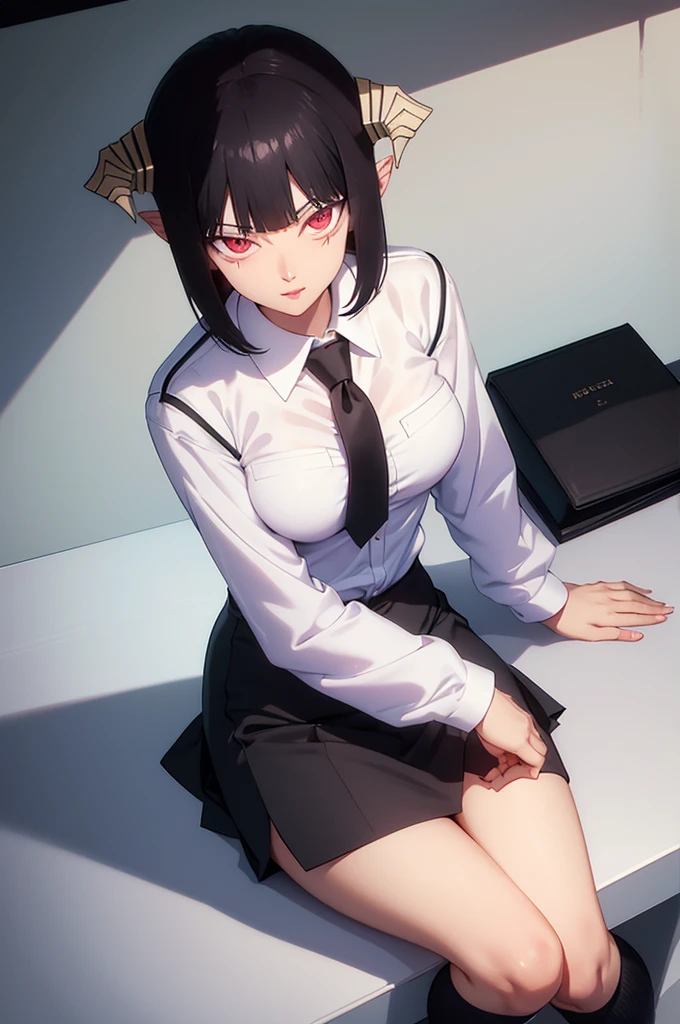 Juri Han, work of art, fitted white secretary shirt with black tie, very short black skirt, skirt short,sock, Bblack hair, socks pretas,Evil smile,tabletop,bangs on the eyes,Lighting,hair horn,from above view,staring overhead