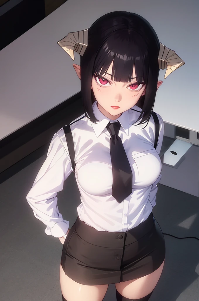 Juri Han, work of art, fitted white secretary shirt with black tie, very short black skirt, skirt short,sock, Bblack hair, socks pretas,Evil smile,tabletop,bangs on the eyes,Lighting,hair horn,from above view,staring overhead
