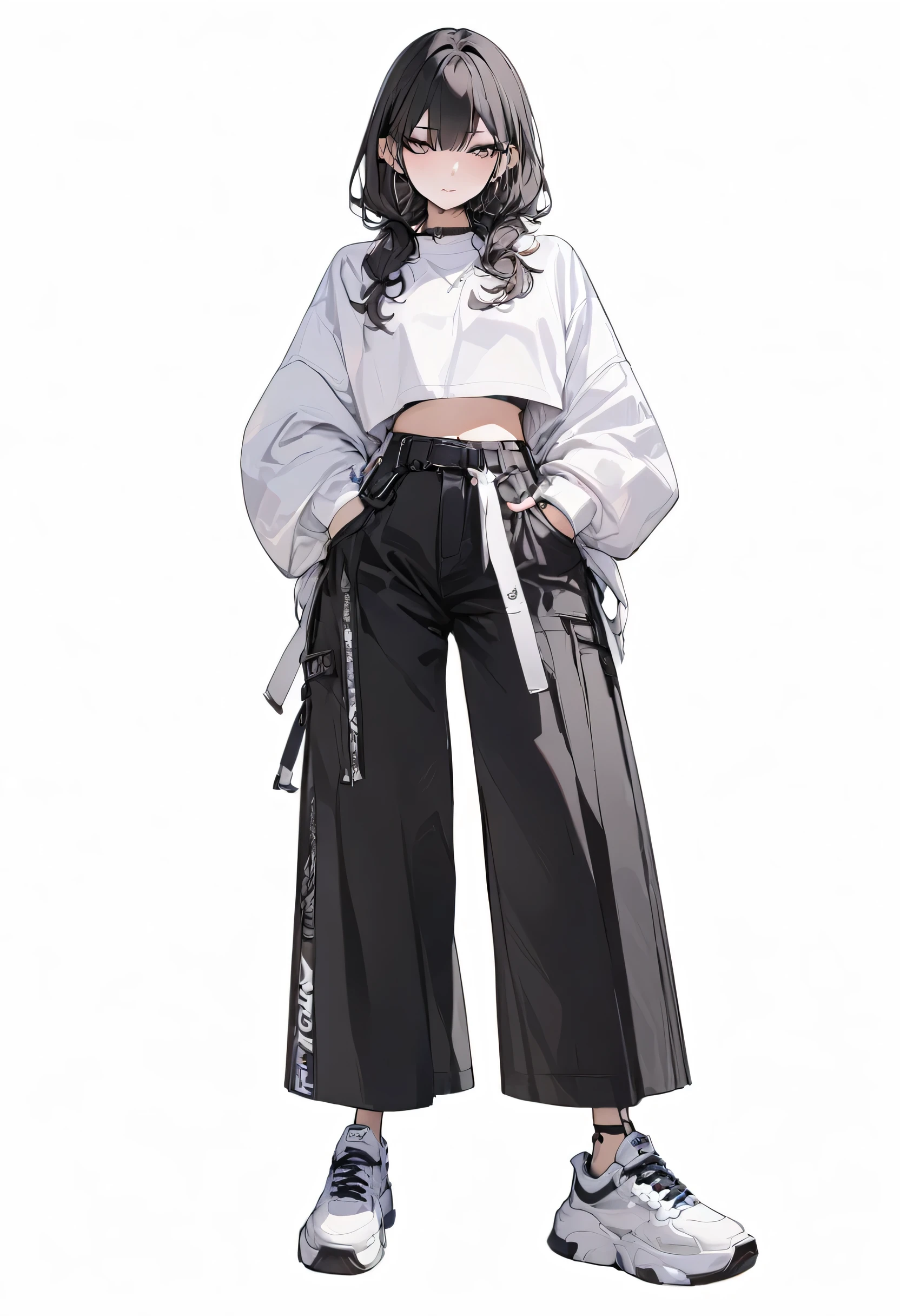 (Masterpiece, highest resolution: 1.2, 8K), center, full body, one girl, medium hairstyle, dark street fashion, wide pants, simple sneakers, simple background, blank white background, eyes open,