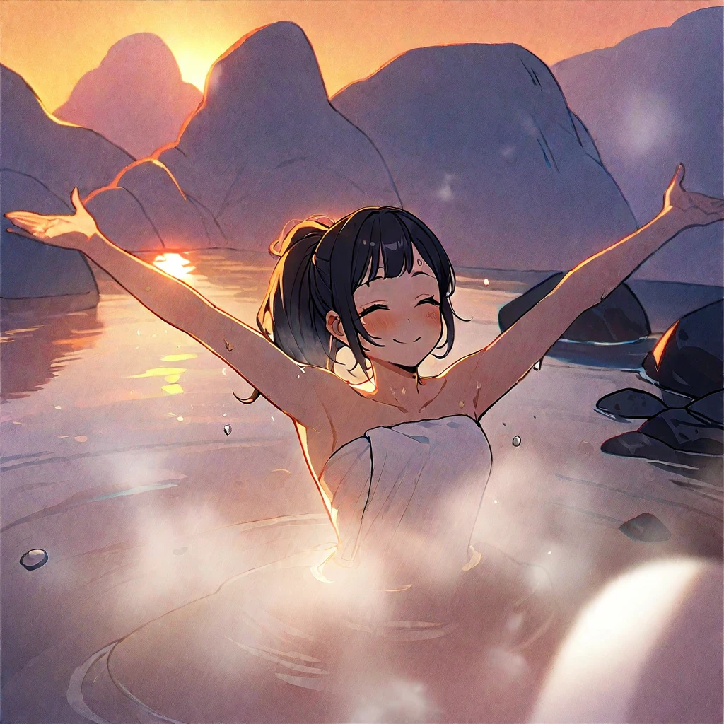 1girl、Black Hair、Shortcuts、smile、Close ~ eyes、Sweat、towel、mist、Raise your hands、 (soak in the hot spring water up to her chest), hair up,Sunset, evening、summer、Opaque hot water、rating_safe