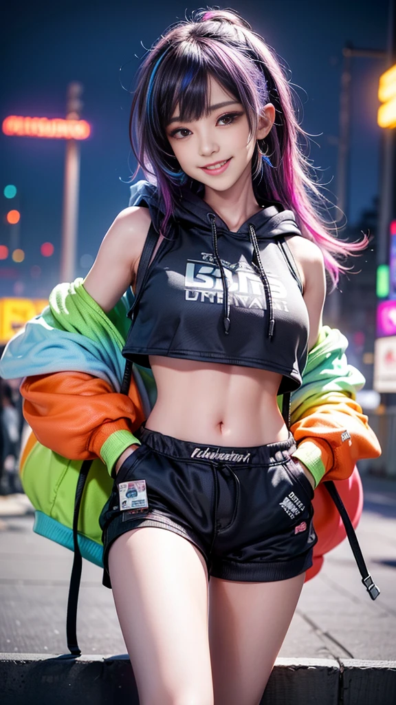 ((masterpiece, best quality, Highest image quality, high resolution, Reality, RAW photos, 8K)), Ultra wide angle, 1 Girl, (Lower Bust:1.4)，(Smile:1.5)，Colorful underwear，(((Bright colors)))，Long messy colored hair:1.35，Complex hairstyle，Beautiful and delicate eyes，(Lower abdomen,Willow Waist,Wide hips,Model physique,Inflatable legs,Detailed body), Cute big breasts,((((Colorful cropped hoodie,)))), Colorful little wings，(Dynamic poses:1.0),Just focus,Neon lights are particularly eye-catching, at night, starry night, universe, Art Photography，(Photo by sldr),high resolution, Clear focus, (Realistic artwork:1.37),(extremely detaild的 CG unified 8k wallpapers),((Synthwave Background Theme)),complex，It的 a perfect face,Perfect facial details,Realistic face,Live photos,