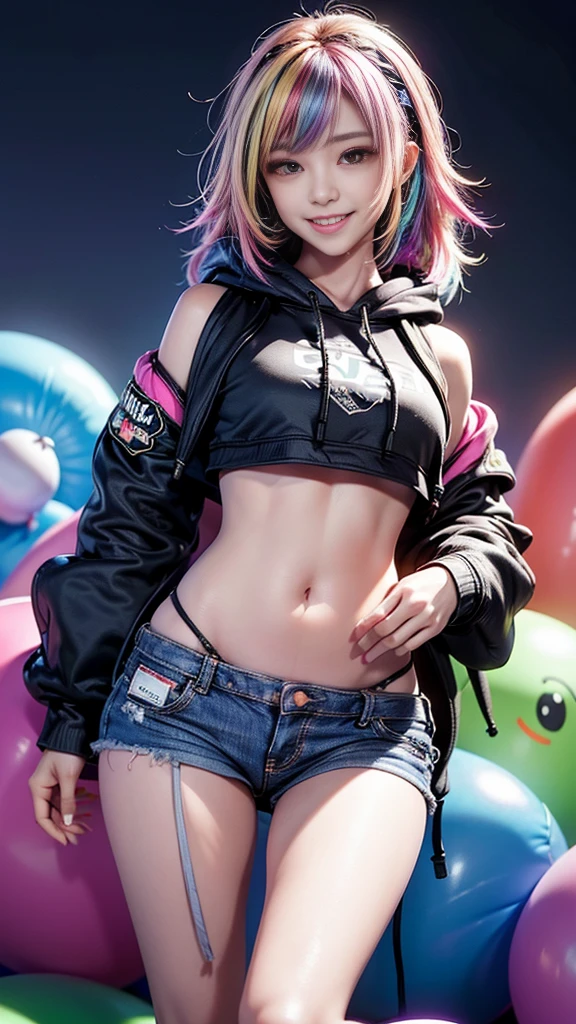 ((masterpiece, best quality, Highest image quality, high resolution, Reality, RAW photos, 8K)), Ultra wide angle, 1 Girl, (Lower Bust:1.4),(Smile:1.5),Colorful underwear,(((Bright colors))),Long messy colored hair:1.35,Complex hairstyle,Beautiful and delicate eyes,(Lower abdomen,Willow Waist,Wide hips,Model physique,Inflatable legs,Detailed body), Cute big breasts,((((Colorful cropped hoodie,)))), Colorful little wings,(Dynamic poses:1.0),Just focus,Neon lights are particularly eye-catching, at night, starry night, universe, Art Photography,(Photo by sldr),high resolution, Clear focus, (Realistic artwork:1.37),(extremely detaild的 CG unified 8k wallpapers),((Synthwave Background Theme)),complex,It的 a perfect face,Perfect facial details,Realistic face,Live photos,