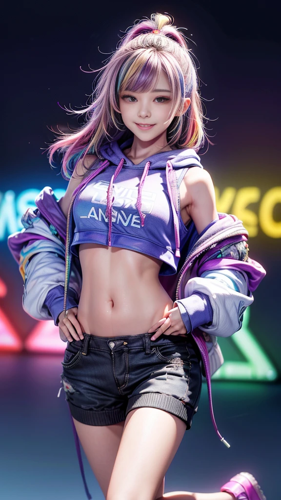 ((masterpiece, best quality, Highest image quality, high resolution, Reality, RAW photos, 8K)), Ultra wide angle, 1 Girl, (Lower Bust:1.4),(Smile:1.5),Colorful underwear,(((Bright colors))),Long messy colored hair:1.35,Complex hairstyle,Beautiful and delicate eyes,(Lower abdomen,Willow Waist,Wide hips,Model physique,Inflatable legs,Detailed body), Cute big breasts,((((Colorful cropped hoodie,)))), Colorful little wings,(Dynamic poses:1.0),Just focus,Neon lights are particularly eye-catching, at night, starry night, universe, Art Photography,(Photo by sldr),high resolution, Clear focus, (Realistic artwork:1.37),(extremely detaild的 CG unified 8k wallpapers),((Synthwave Background Theme)),complex,It的 a perfect face,Perfect facial details,Realistic face,Live photos,