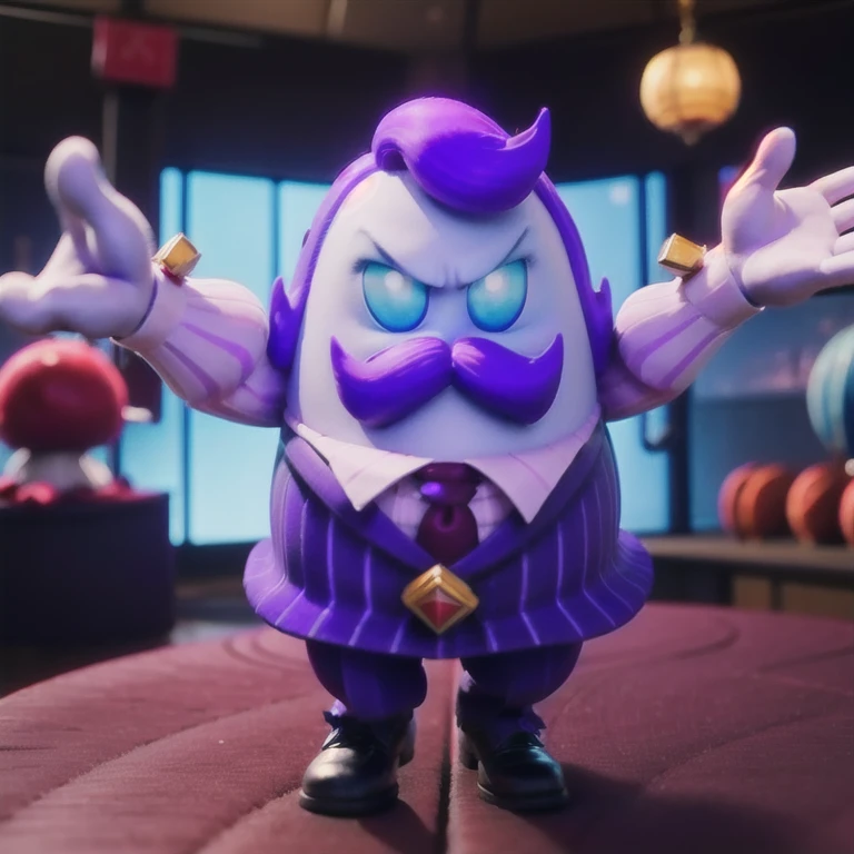 haltmann, purple hair, purple mustache, arms and hands, wearing a dark blue suit with pink vertical lining, pink shirt, red tie, black shoes, gold suit button with a red diamond, pale purple hands, pink cuffs, pale purpmin, blue eyes, golden earpiece with antenna, in a office
