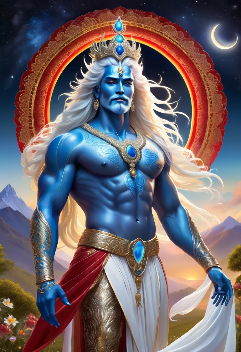 Create a detailed digital artwork featuring a majestic, glowing deity with blue skin and long white flowing hair. The deity is adorned with intricate jewelry and a crown, holding a large ornate staff. He is wearing a red cloth around his waist, and his body is illuminated with sparkles. The scene is set in a field of glowing flowers under a starry night sky with a crescent moon. The deity has a powerful and serene presence, with a tail visible behind him. The background includes distant mountains and a glowing horizon.
