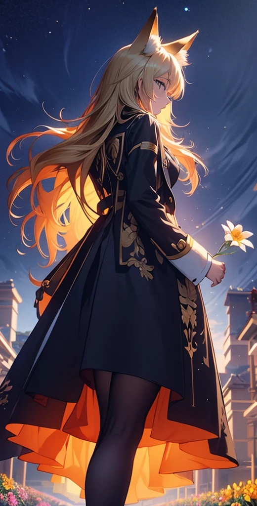 １people々々々々々々々々,Blonde long-haired woman，Fox Ears，Long coat， Dress Silhouette， Rear View，Space Sky, Flower Field，Colorful flowers