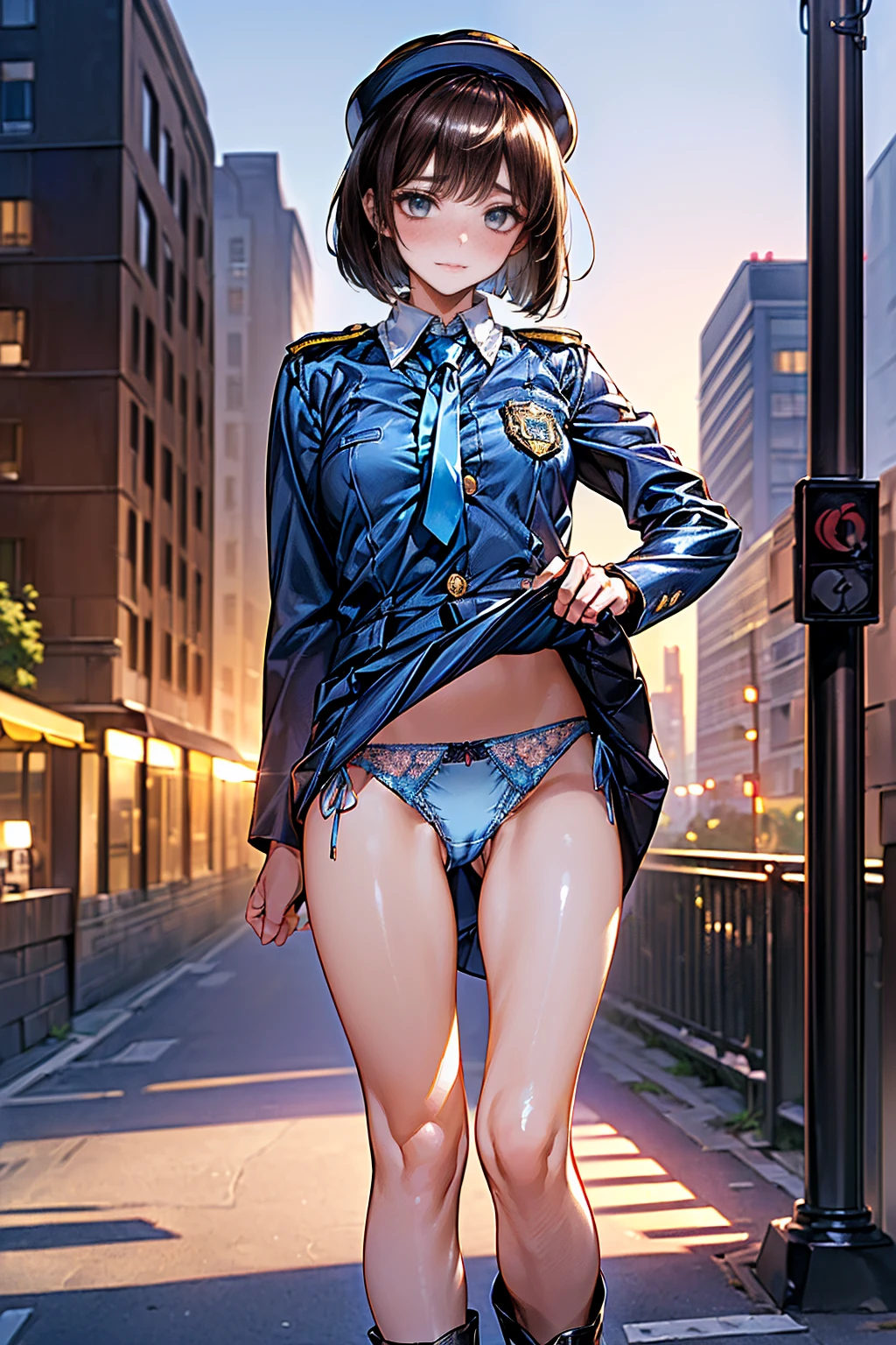 (((masterpiece, Highest quality, High resolution, 超High resolution, Perfect Pixel, Depth of written boundary, 4K, RTTX 10.0))), Beautiful Anime Woman, Beautiful art style, Anime characters, ((Smooth texture, Realistic texture, Anime CG Style)), Exact finger count、Exact number of legs、(Exact number of arms:1.0, Exact number of hands:1.0), (Perfect hands, Perfect Anatomy), Cinematic, Realistic, Extremely detailed CG, Daytime lighting, Perfect lighting, Best Shadow, The best natural light, whole body, Perfectly balanced style, A perfectly balanced body, (Slender body:1.2), whole body, ((bangs, Dark brown hair, Stylish and cute bob cut)), ((A cute woman is standing with her skirt lifted to show her panties:1.3)), ((Female police officer, uniform, limited cap, uniformのボタン, tie, uniformのジャケット), Leather shoes, Name tag, uniformのパッチ, Police Badge, boots, Epaulettes, uniformのスカート:1.3), ((Sexy and cute panties, (Stylish shiny light blue satin panties:1.2), Side-tie panties, Small lace panties:1):1.3), (beautiful and very large breasts:1.1), Feeling embarrassed, (blush:1.2), (Embarrassed expression:1.4), (In town, Cityscape:1.5), Angle from the front