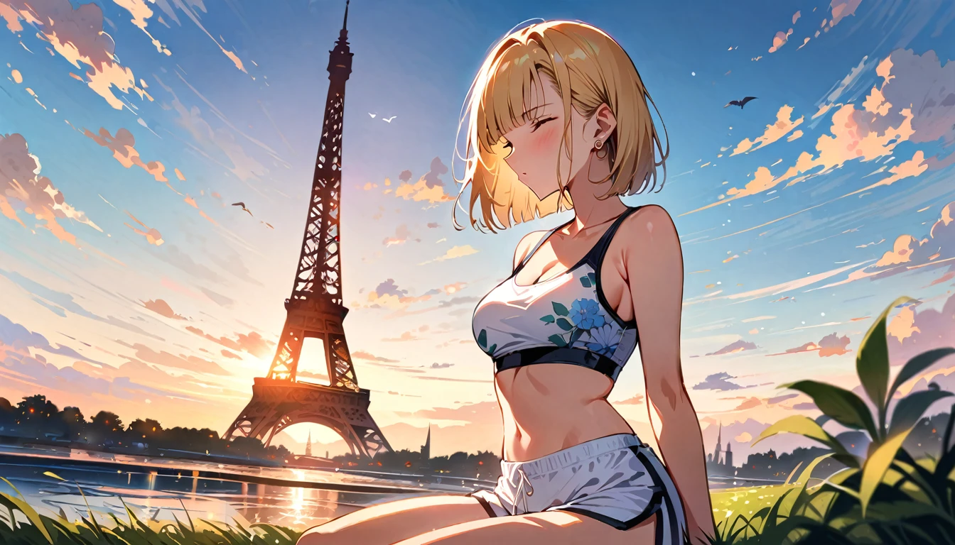(masterpiece, best quality:1.2),1girl, (solo), Android 18 from Dragon Ball, ((floral print white sport bra, black dolphin shorts)), medium breasts, blunt bangs, blonde short hair, close eyes, earrings on earlobes, slim, slender feminine figure, skinny body, blush, magnificent view, blur background, 8K, the Eiffel Tower, collarbone, riverside, sky, sunny, meditation on the grass,