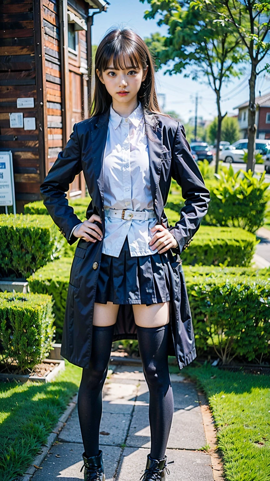 (8k、RAW Photos、Highest quality、masterpiece:1.2)、(Realistic、Realistic)、1 girl、((mini skirt、Blonde、pink long coat、黒one piece、Thin legs、whole body、boots、one piece、tights、garden、View from the front、Looking into the camera、Stand with hands on hips))、cute
