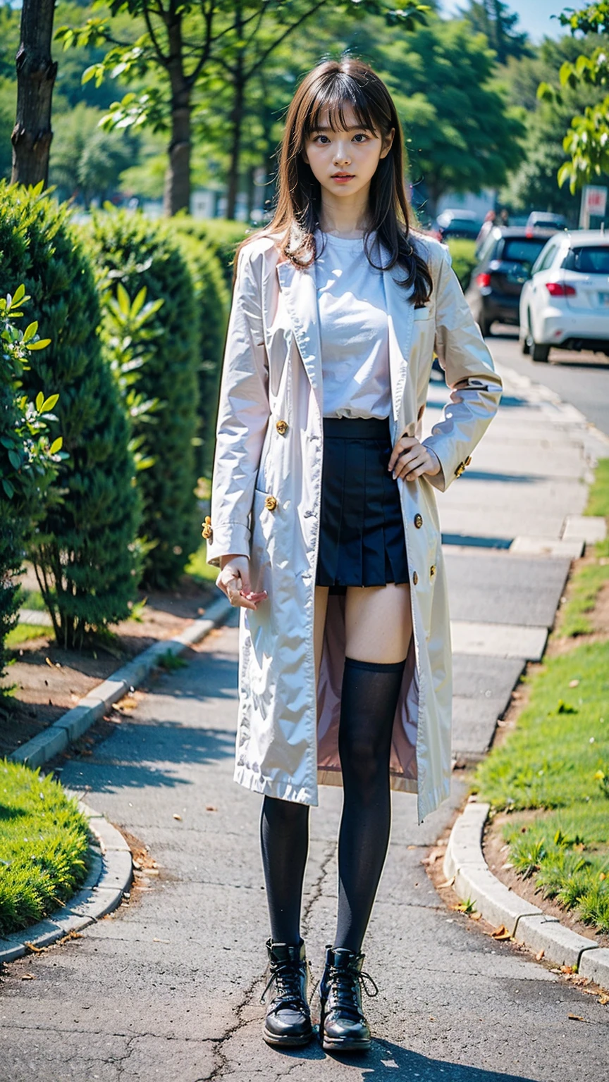 (8k、RAW Photos、Highest quality、masterpiece:1.2)、(Realistic、Realistic)、1 girl、((mini skirt、Blonde、pink long coat、黒one piece、Thin legs、whole body、boots、one piece、tights、garden、View from the front、Looking into the camera、Stand with hands on hips))、cute