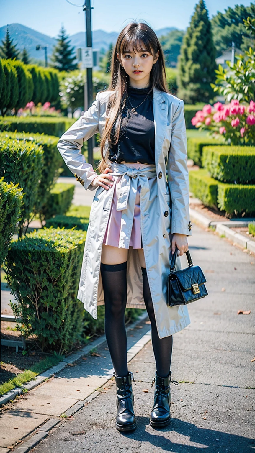 (8k、RAW Photos、Highest quality、masterpiece:1.2)、(Realistic、Realistic)、1 girl、((mini skirt、Blonde、pink long coat、黒one piece、Thin legs、whole body、boots、one piece、tights、garden、View from the front、Looking into the camera、Stand with hands on hips))、cute