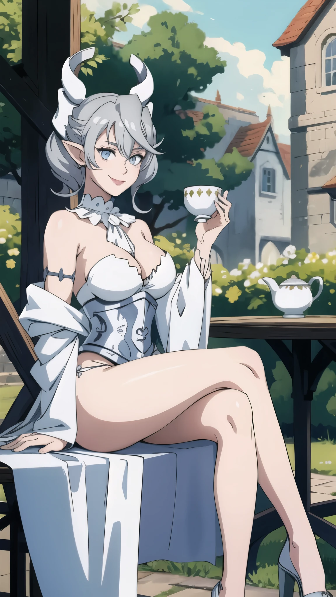 Beautiful arts wallpaper morning Outside castle top  High level image quality　best image quality　8K　 adult woman      more colors   whole body view　portrait　 wearing pure white bikini  　white horn    ears  　short hair（（shortcut）（gray hair）（perm）（fluffy））　eye color is blue ,  　attractive evil face , smile   ,  sitting in the garden, table with cups of tea, servents around her    ,  labrynth      , crossed legs,  