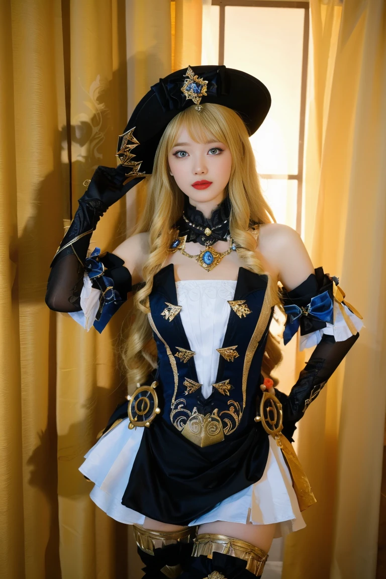 ulzzang-6500-v1.1,(raw photo:1.2),((photorealistic:1.4))best quality ,masterpiece, illustration, an extremely delicate and beautiful, extremely detailed ,CG ,unity ,8k wallpaper,  finely detail, best quality,extremely detailed CG unity 8k wallpaper,absurdres, incredibly absurdres, huge filesize, ultra-detailed, highres, extremely detailed,beautiful detailed girl, extremely detailed eyes and face, beautiful detailed eyes,light on face,cinematic lighting, 1girl, solo,hat,blonde hair, long hair, drill hair, twin drills,blue eyes, jewelry, flower, bare shoulders, black gloves,dress, thighhighs, thigh boots, boots, indoor, mirror, Curtain background, room,