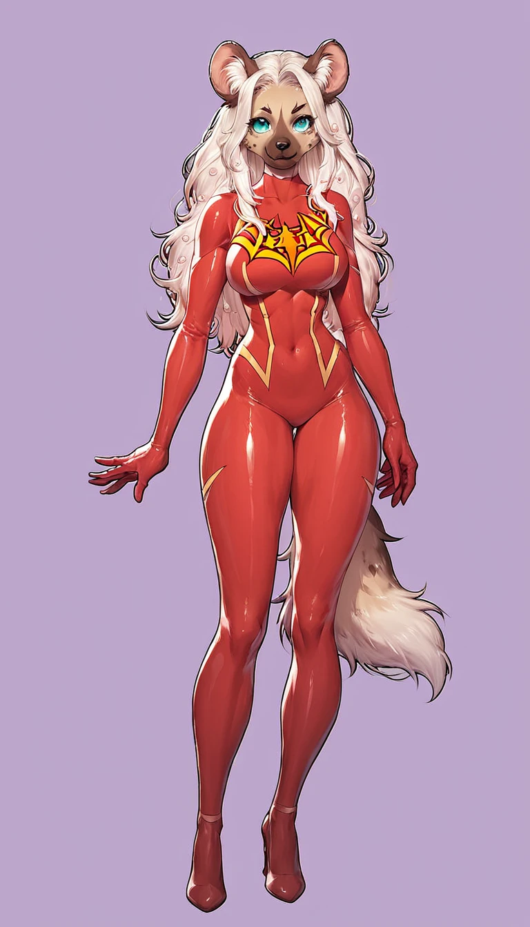 score_9, score_8_up, score_7_up, score_6_up, score_5_up, score_4_up, (solo), female anthro hyena, ((spider-themed superhero)), ((bodysuit)), ((superhero costume)) , y, fluffy body, long blond hair, turquoise eyes, (thick thighs:1.3) she is standing , violet background, simple background, high heels