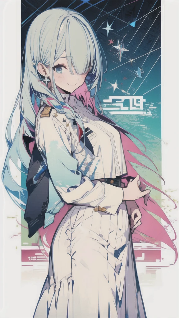 masterpiece, Highest quality, Very detailed, GSC Chairman, Hello, Multicolored Hair, Hair on one eye, blue eyes, Single Blade, bangs, Jacket, Long skirt,