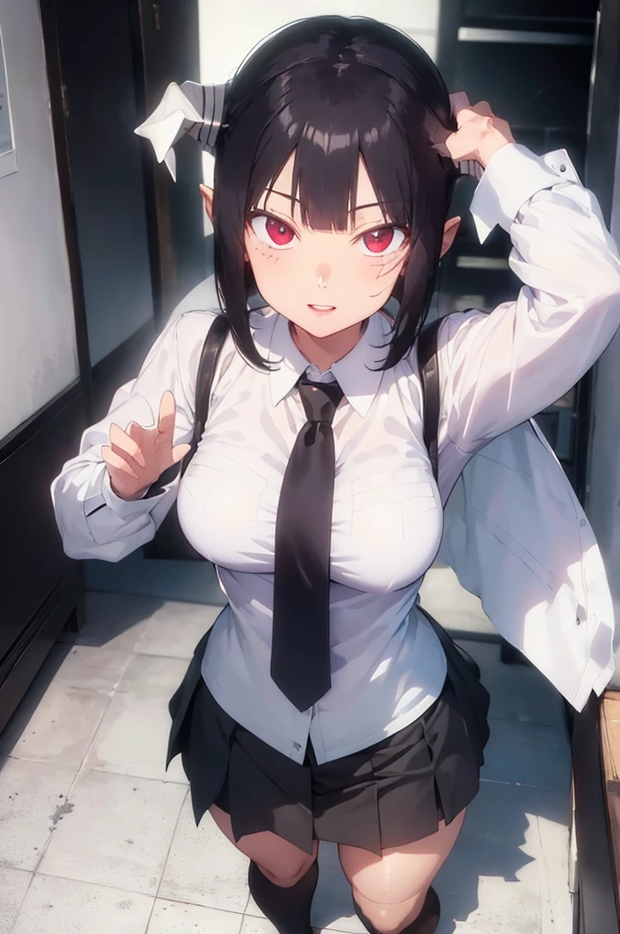 work of art, fitted white secretary shirt with black tie, very short black skirt, skirt short,sock, Bblack hair, socks pretas,Evil smile,tabletop,bangs on the eyes,Lighting,hair horn,from above view,staring overhead