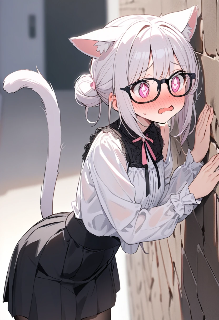 I have white pink hair, cat ears, a bun, my face is super blushing, black glasses, pink heart eyes, a blouse that reaches to my shoulders, a short black skirt, black stockings, white tennis shoes, a tail of cat a very shy girl who is glued to a wall with her butt
