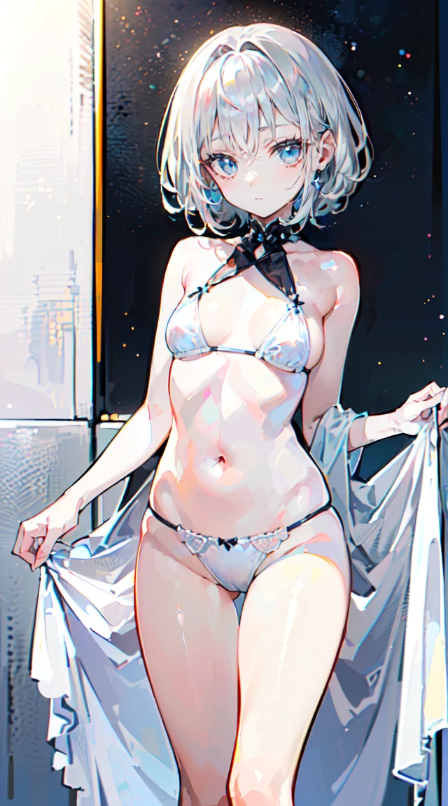 (((Highest quality, high resolution, Masterpiece, Masterpiece, finest, high resolution))). One girl, 独奏. (((My  is a beautiful person, Cute girl with delicate white and silver hair, Short stature, Slender body, and anime faces))). She was a young girl, About ten years old, Gorgeous white skin bikini，Showing underwear