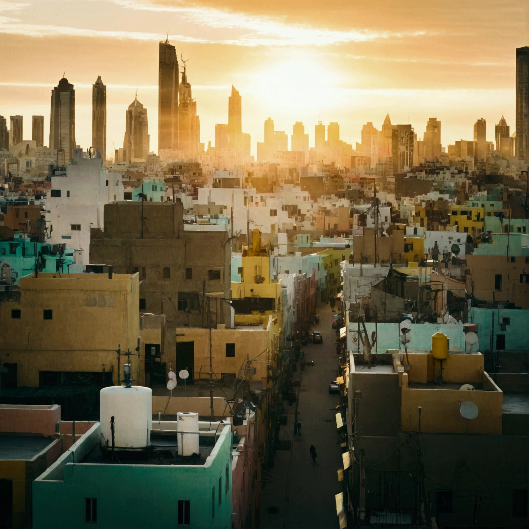 Amidst a bustling city, the main character is: resilient, resourceful,
and determined, with warm color grading, during golden hour.