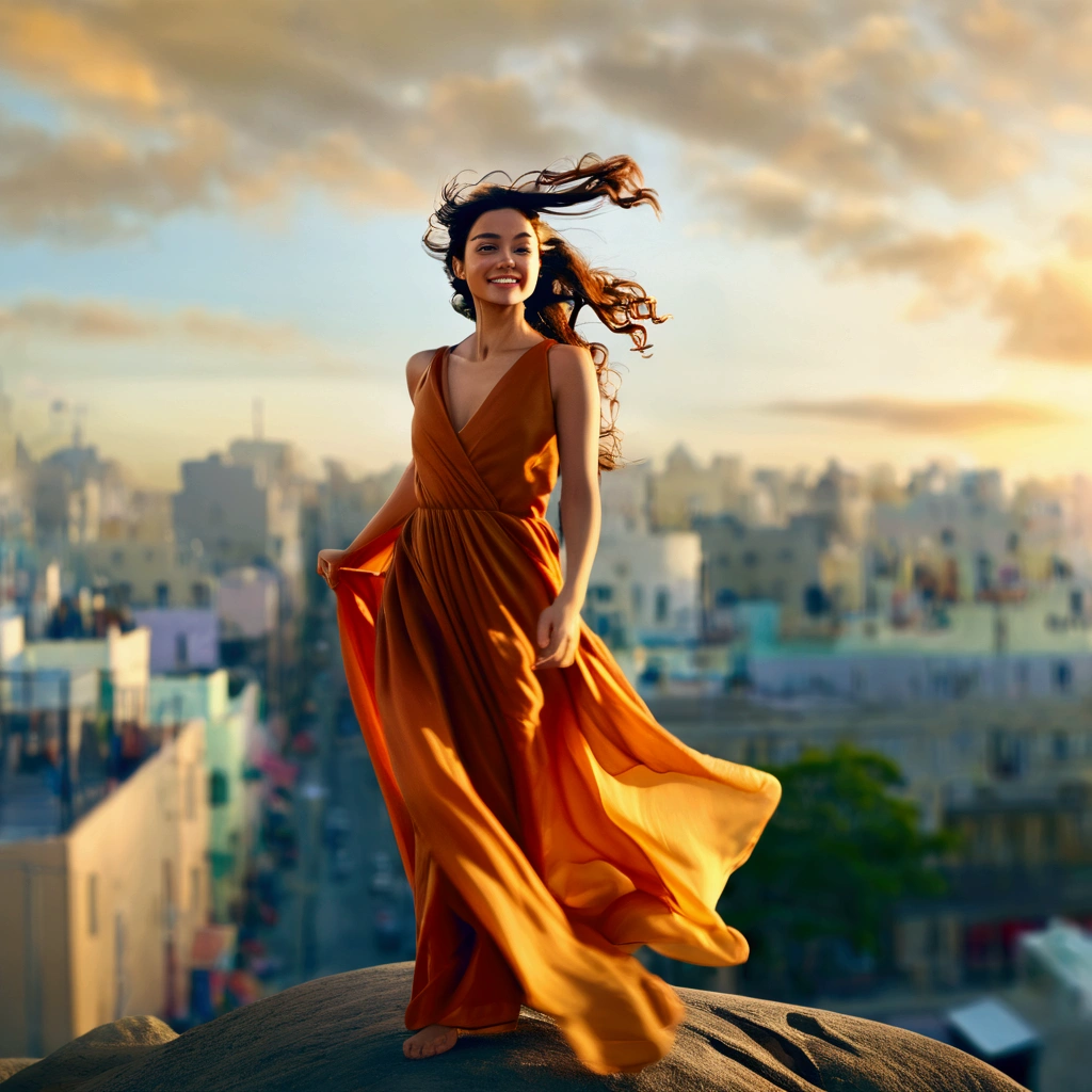 Amidst a bustling city, the main character is: resilient, resourceful, 
and determined, with warm color grading, during golden hour. 