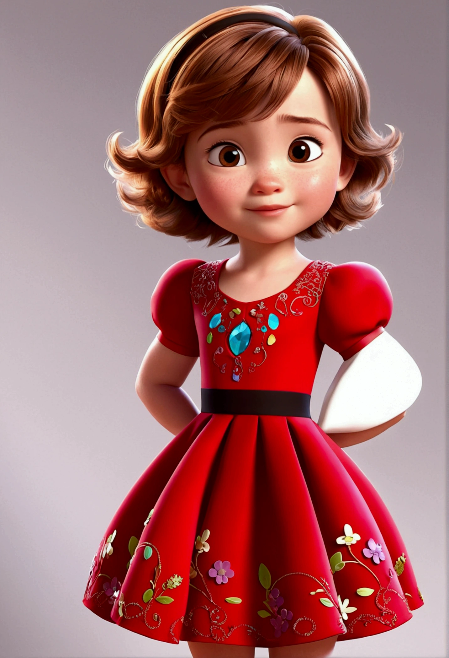baby, , disney pixar style, 3d, animated cartoon, fluffly, shiny colors, short light brown hair, skin fair, short sleeve red dress, Intricate details, glad